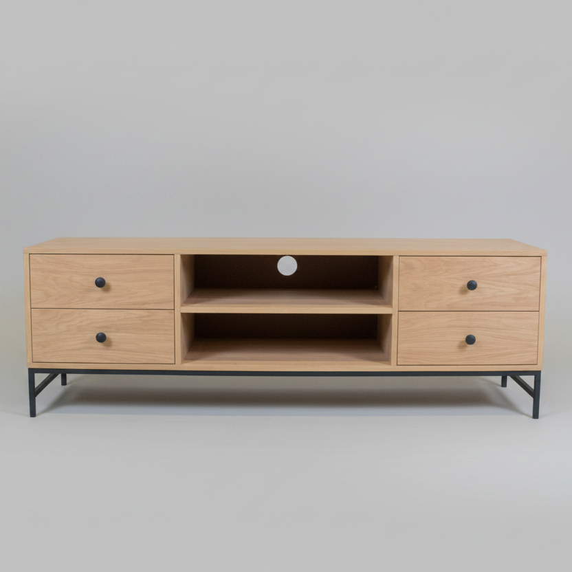 A veneer oak kirkwall (melamine) TV unit with four drawers and black metal legs, displayed against a neutral background.
