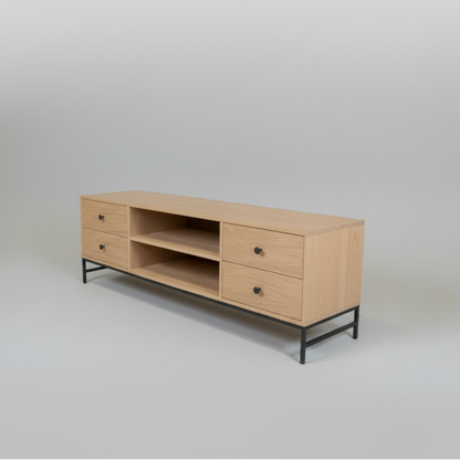 Wooden TV stand with black metal legs on a plain background