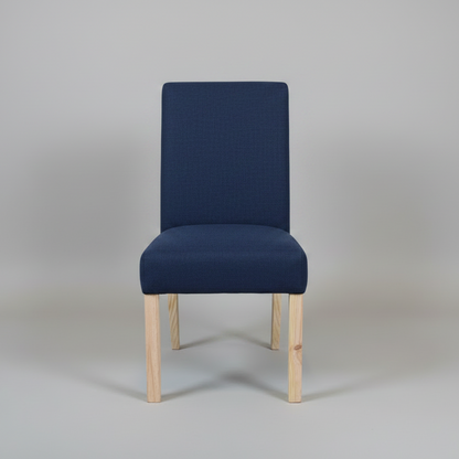 Navy blue chair with wooden legs on a gray background