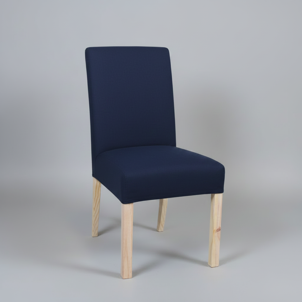Navy blue chair with wooden legs on a gray background