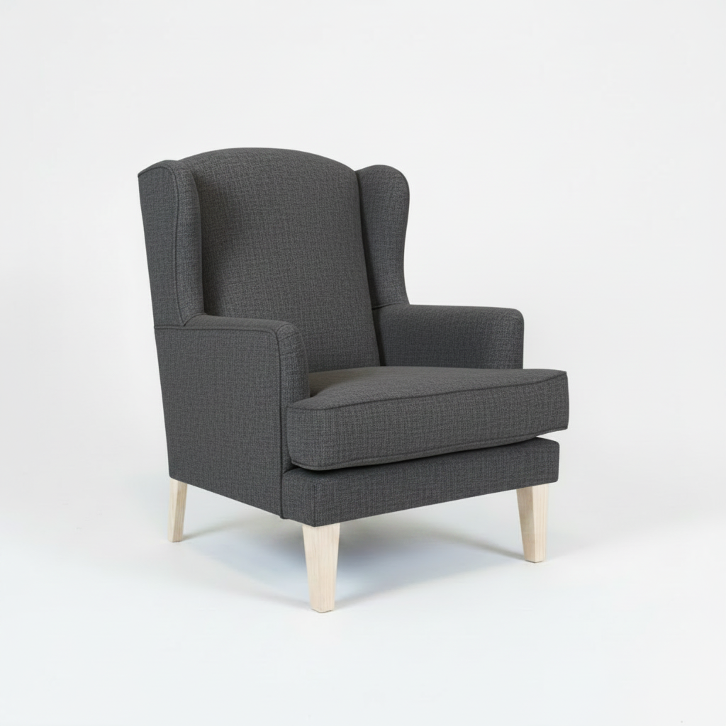 Gray wingback chair on a white background