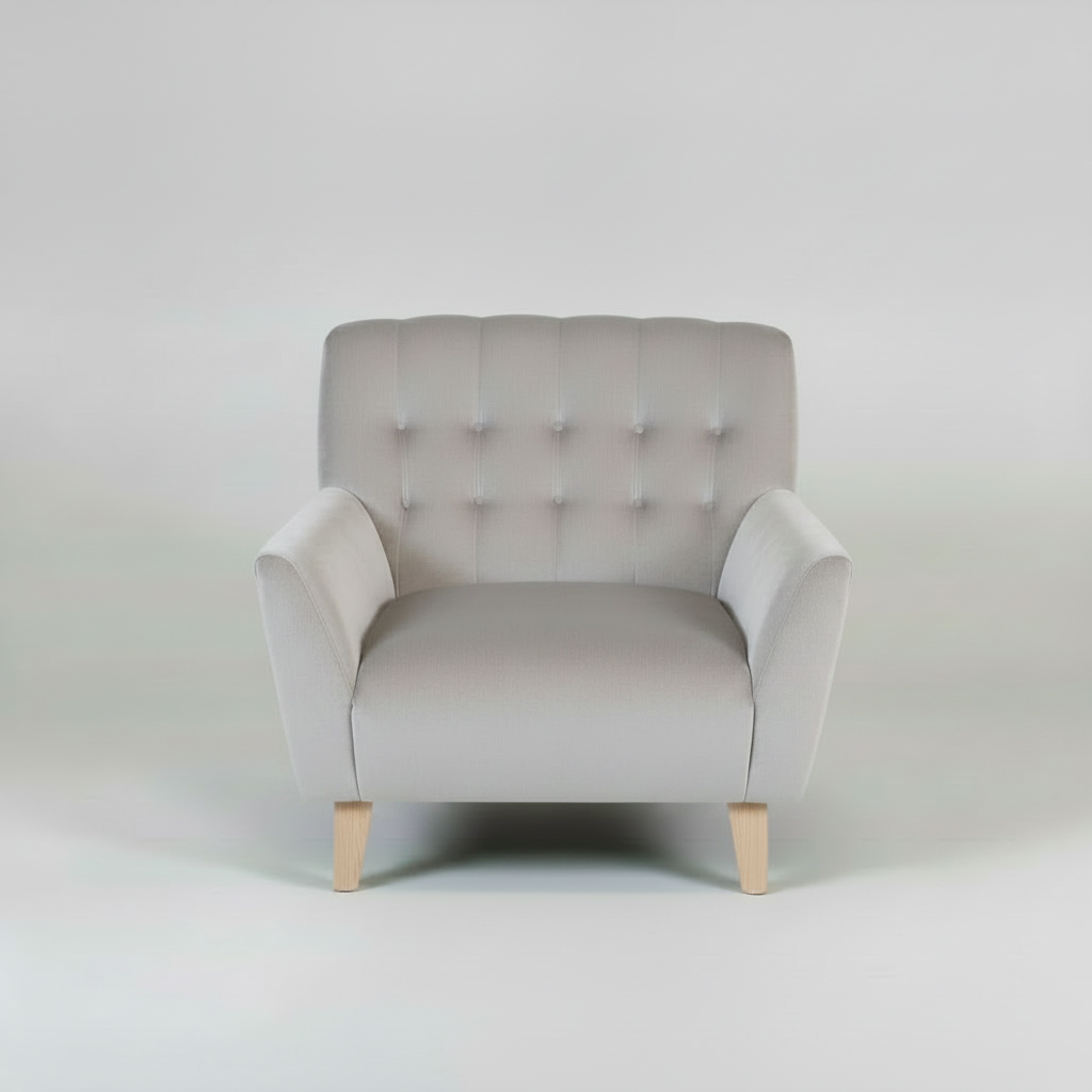 Gray armchair with wooden legs on a white background