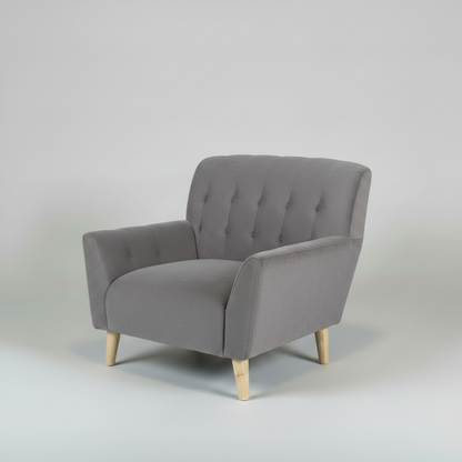 Gray armchair with wooden legs on a light gray background