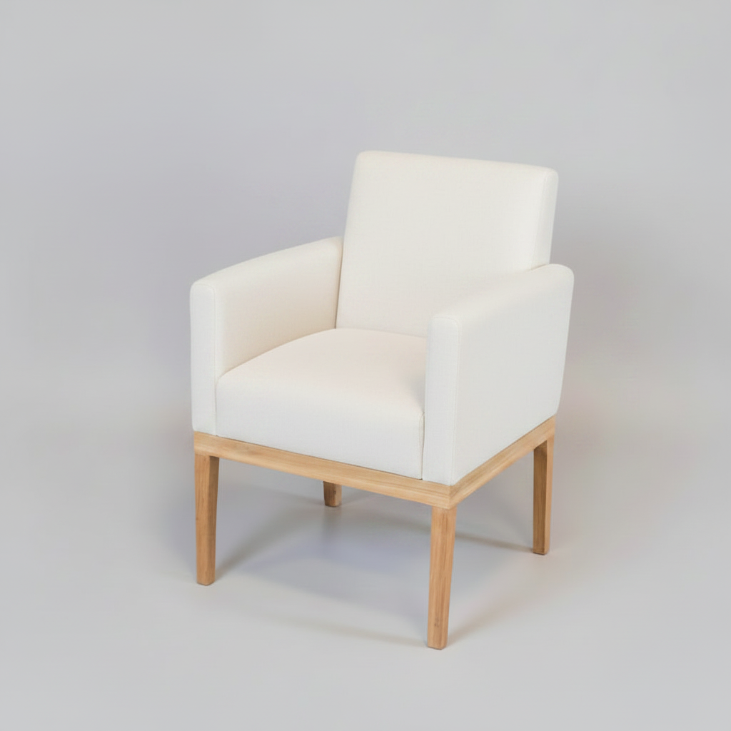 Gray armchair with wooden legs on a light gray background