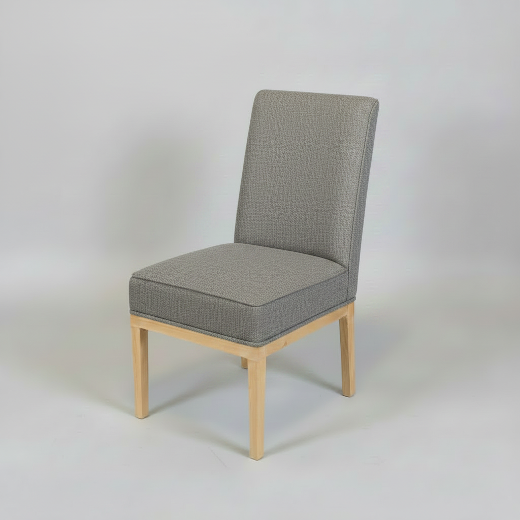 Gray upholstered chair with wooden legs on a light gray background