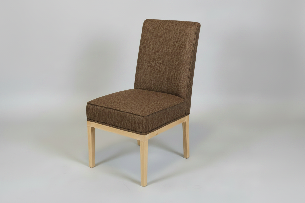 Brown upholstered chair with wooden legs on a white background