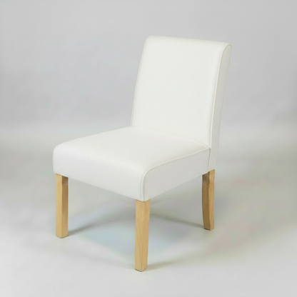 White chair with wooden legs on a light gray background