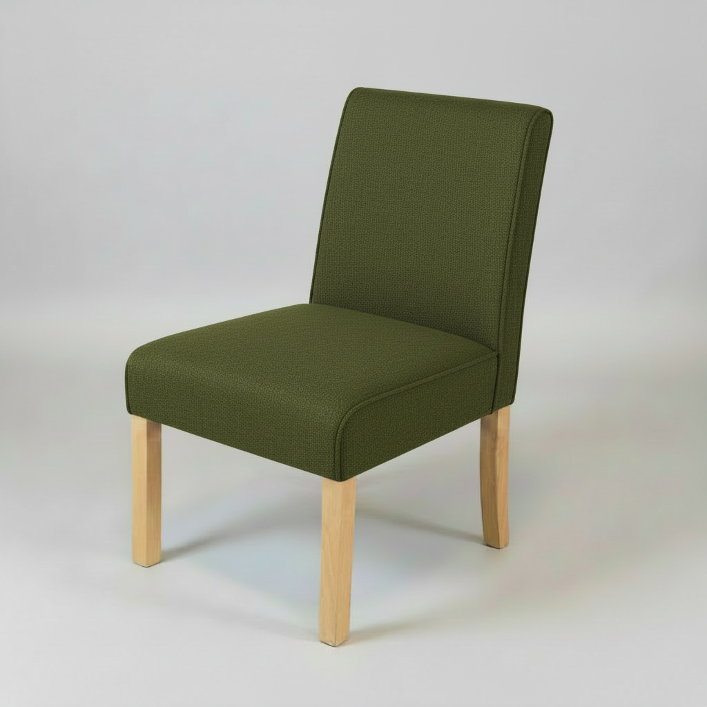 Green upholstered chair with wooden legs on a white background