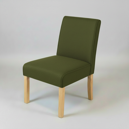Green upholstered chair with wooden legs on a white background