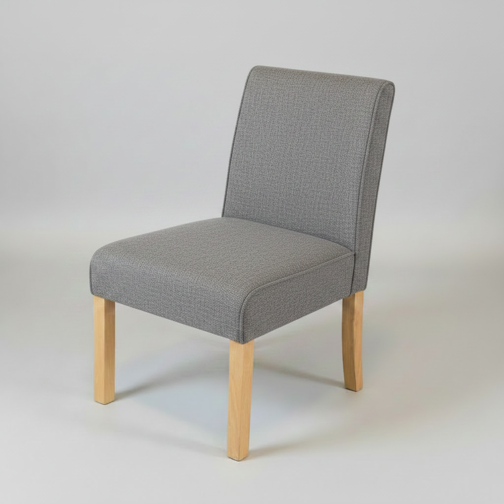 Gray upholstered chair with wooden legs on a light gray background