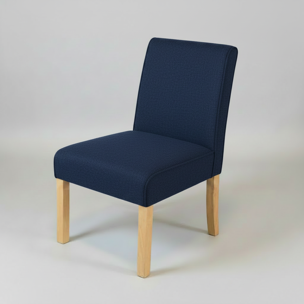 Navy blue chair with wooden legs on a light gray background