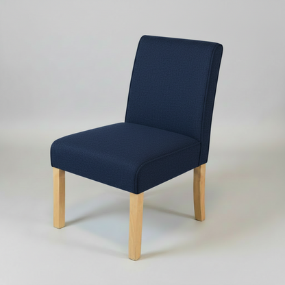 Navy blue chair with wooden legs on a light gray background