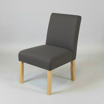 Gray upholstered chair with wooden legs on a light gray background