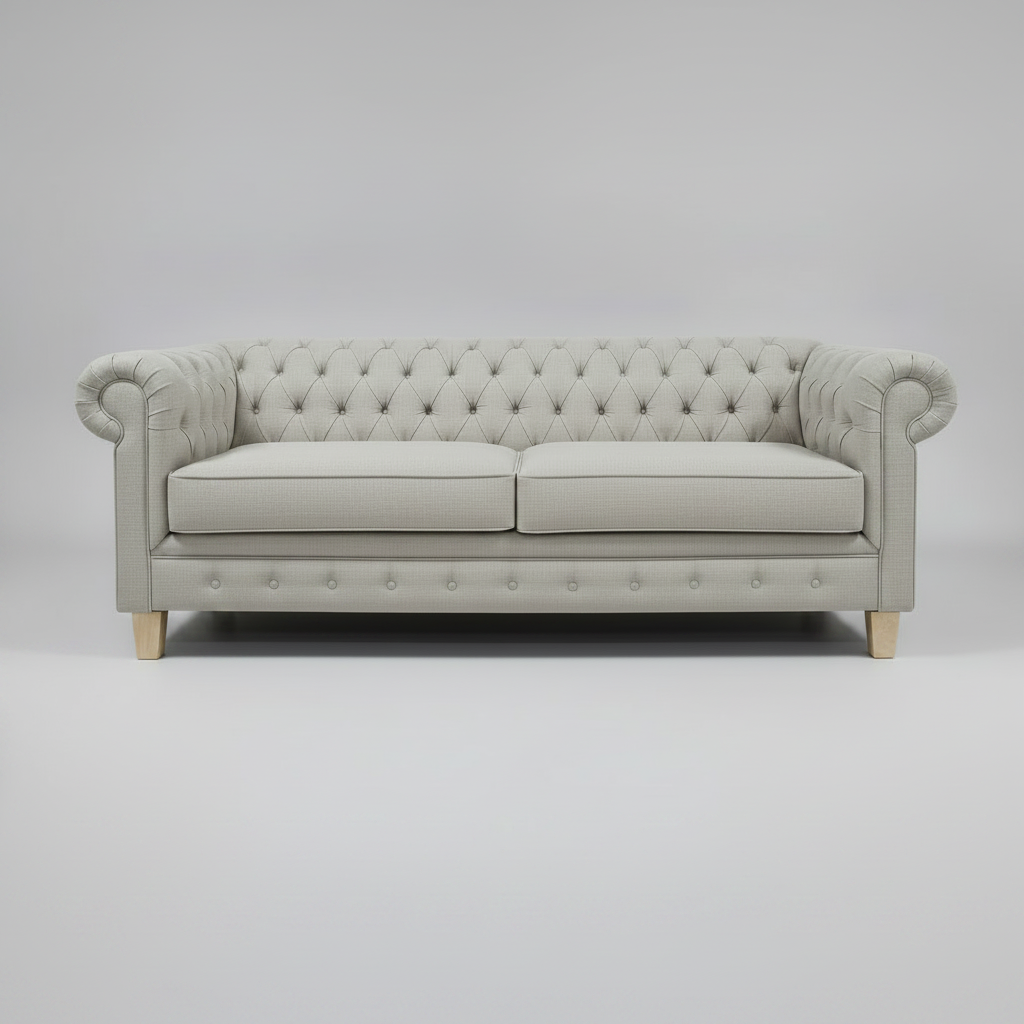 Gray tufted sofa on a gray background