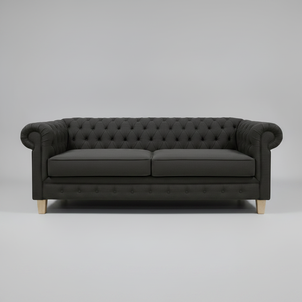 Black sofa with tufted backrest on a gray background
