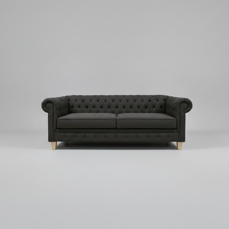 Dark gray sofa with tufted backrest on a light gray background