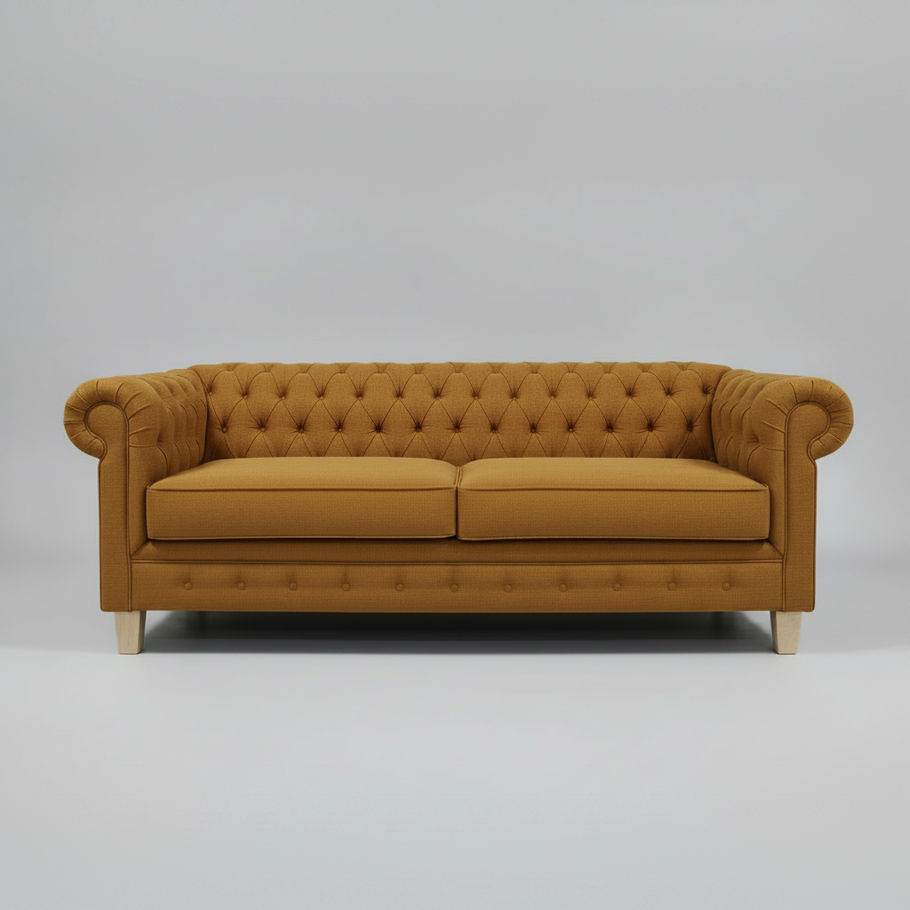 Brown tufted sofa on a gray background