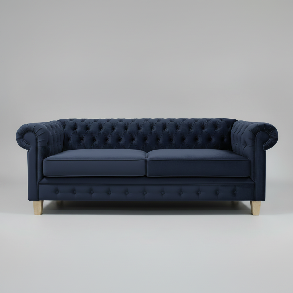 Navy blue tufted sofa on a light gray background
