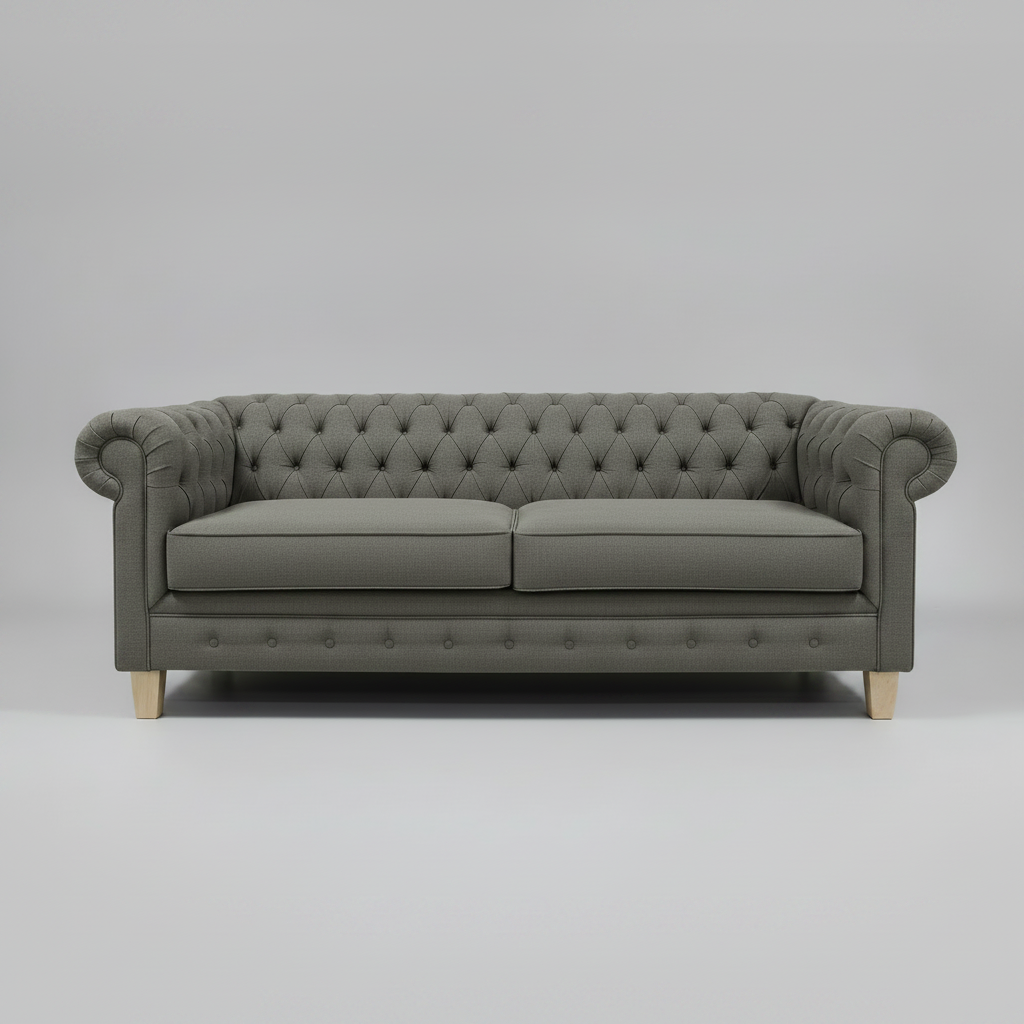 Gray tufted sofa on a white background
