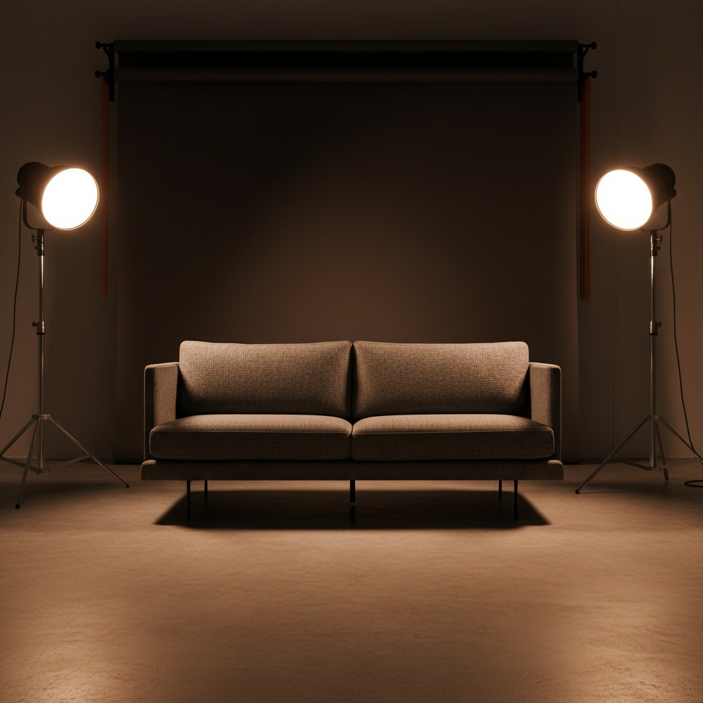 Brown sofa in a dimly lit room with two studio lights on either side.