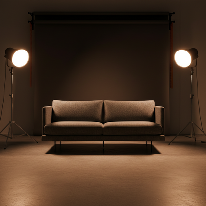 Brown sofa in a dimly lit room with two studio lights on either side.