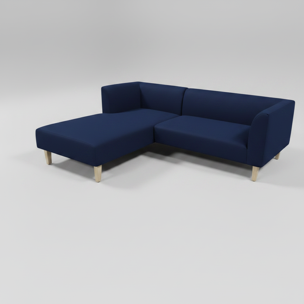 Navy blue L-shaped sofa on a light gray background