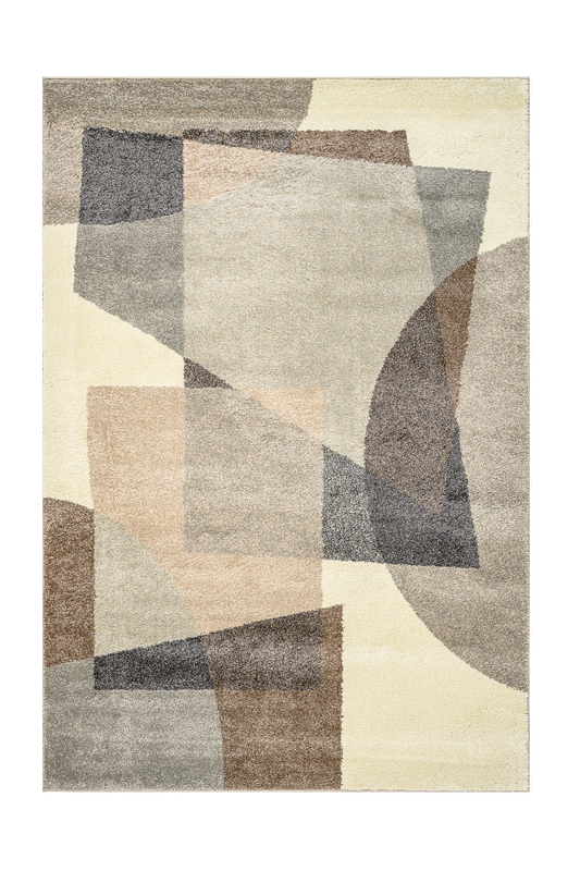 Geometric patterned rug with shades of brown, gray, and beige on a white background