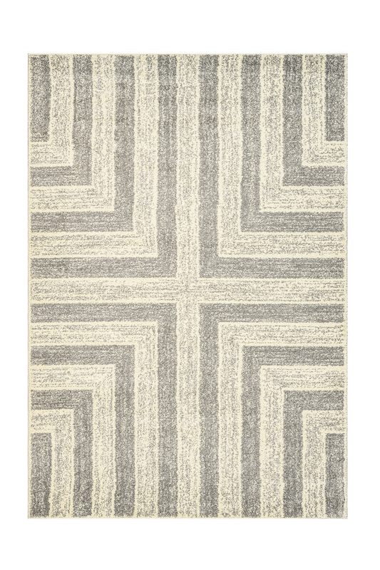 Geometric patterned rug with alternating light and dark gray stripes on a white background