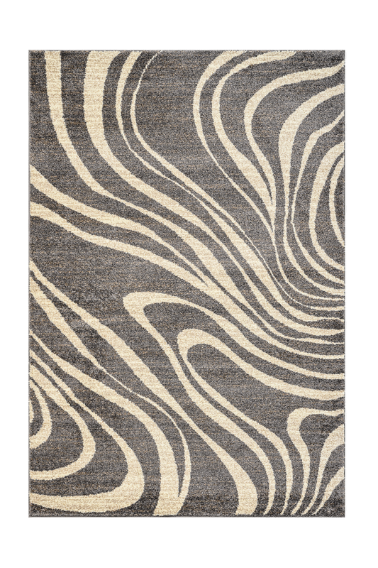 Rug with wavy pattern in gray and beige on a white background
