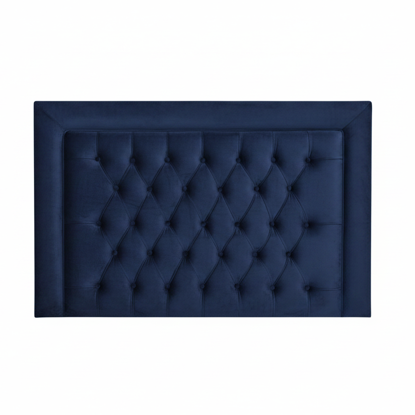 Navy blue tufted headboard on a white background