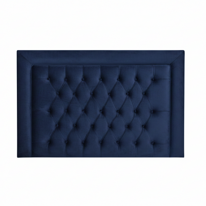 Navy blue tufted headboard on a white background