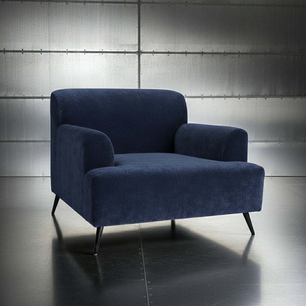 Blue armchair in a modern room with metallic walls