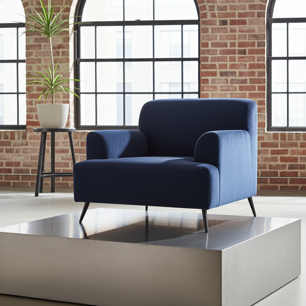 Blue armchair in a modern room with brick walls and large windows.