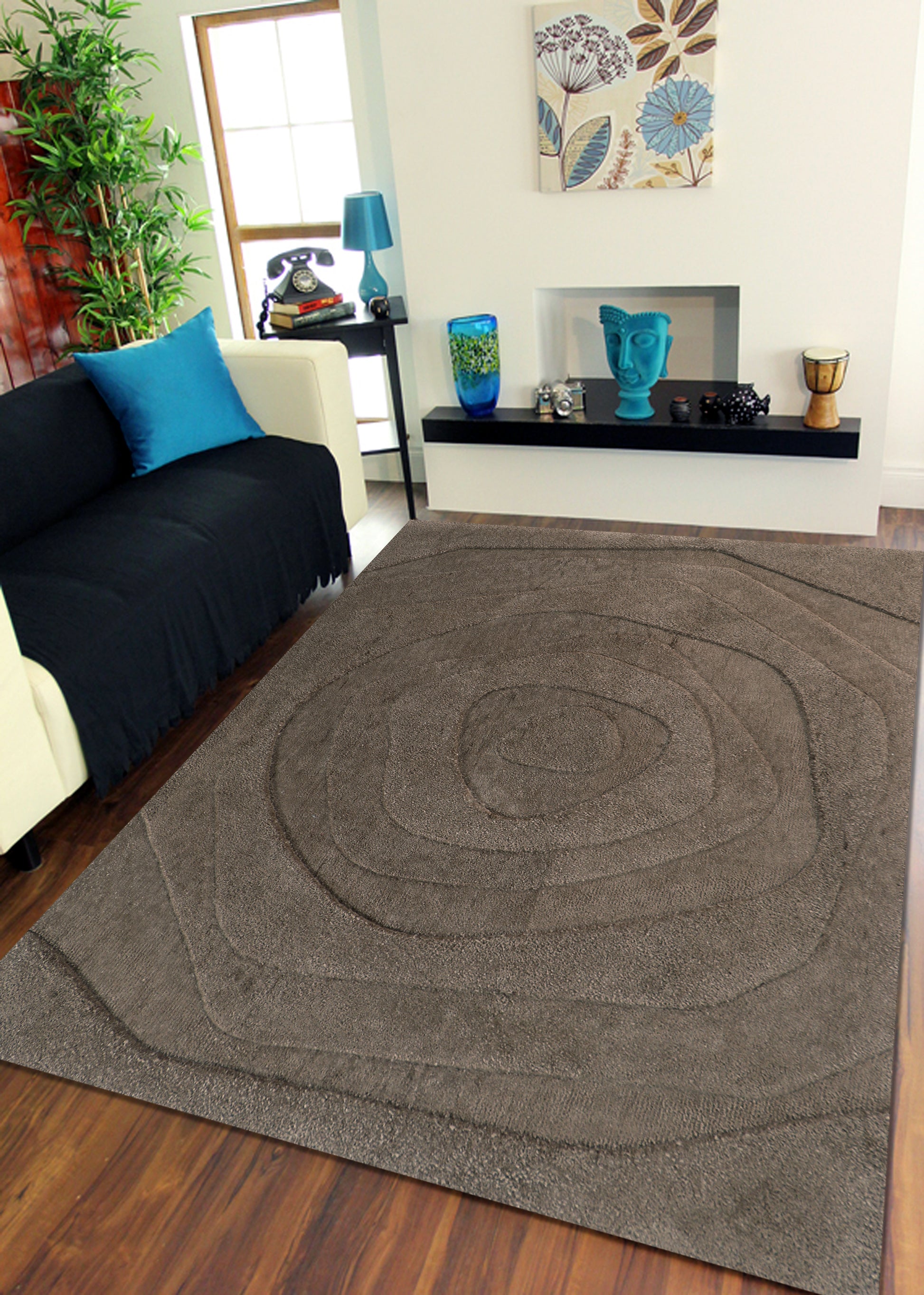 Helix Sepia rug styled in a living room