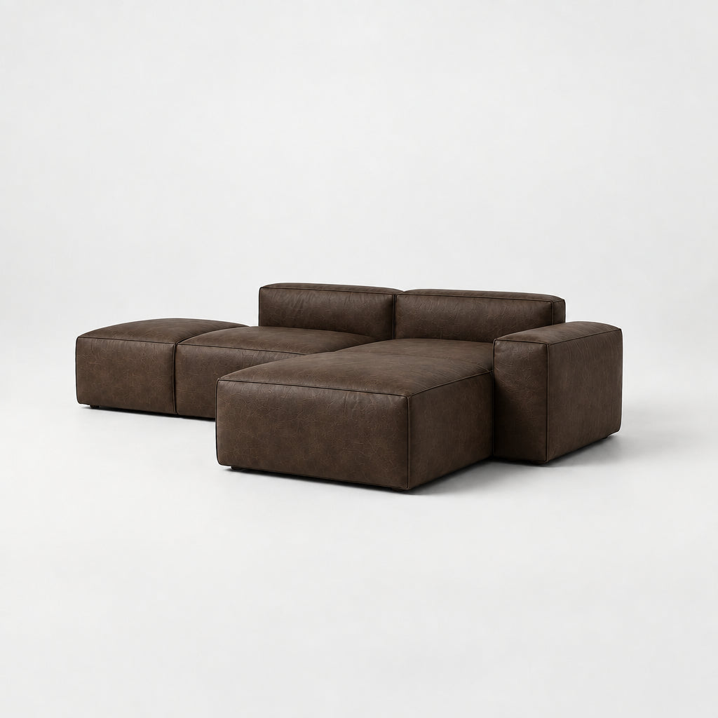 Dark brown leather sectional sofa with dimension lines showing measurements of 270cm length, 150cm width, and 70cm height against a light gray background.