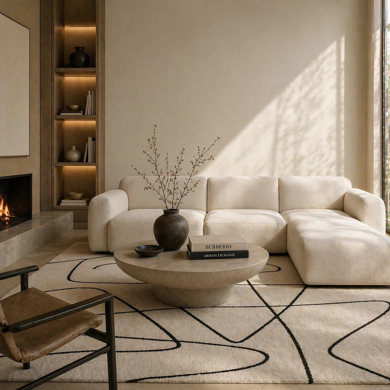 Modern living room with a beige sectional sofa, coffee table, and decorative elements.