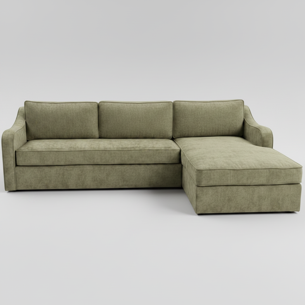 An L-shaped sectional sofa with a chaise lounge, upholstered in a textured sage green fabric, shown against a neutral light gray background.