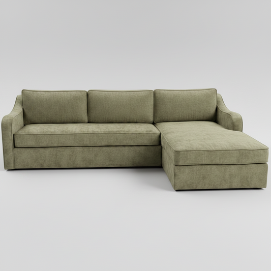 An L-shaped sectional sofa with a chaise lounge, upholstered in a textured sage green fabric, shown against a neutral light gray background.
