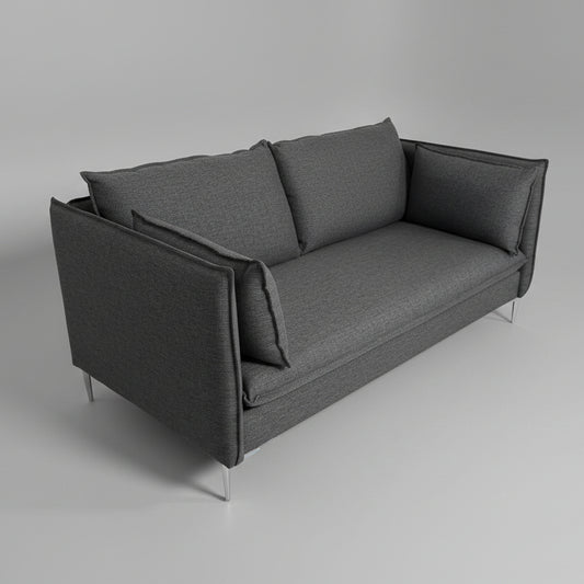 A modern two-seater sofa in dark gray textured fabric with slim metal legs, photographed in a furniture showroom.