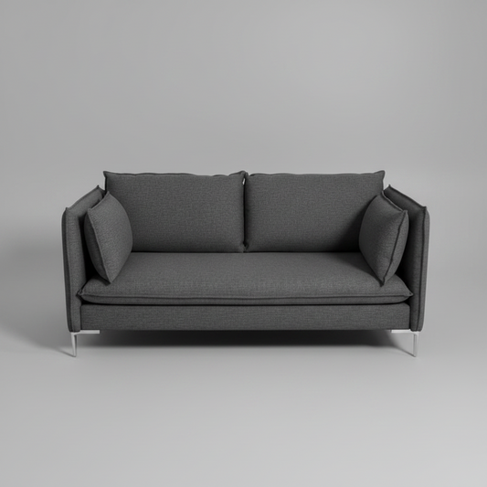 A modern two-seater sofa in dark gray textured fabric, featuring two back cushions, two side bolsters, and slim metallic legs, shown against a neutral gray background.