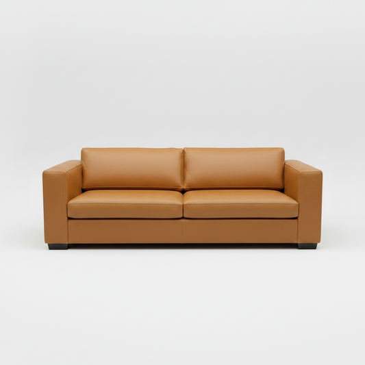A modern two-seater sofa upholstered in smooth tan leather, shown from a straight-on front angle against a seamless light gray studio background.