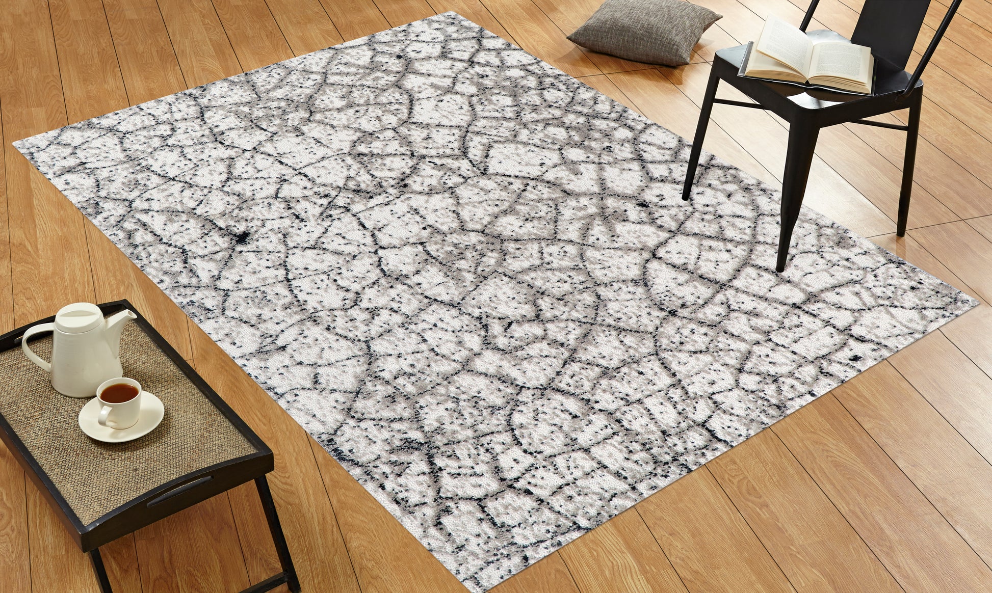 Lynx Stone rug styled in a living room