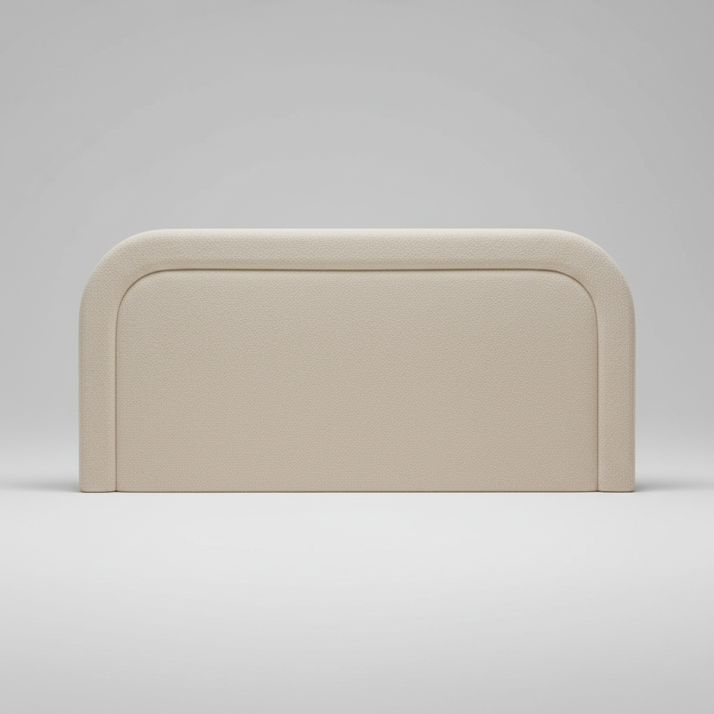 Beige upholstered headboard on a white background