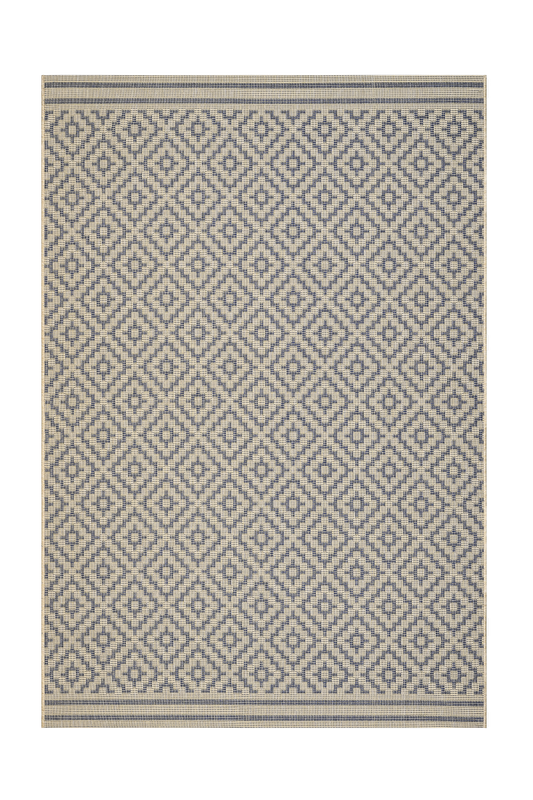 Patterned rug with geometric design on a white background