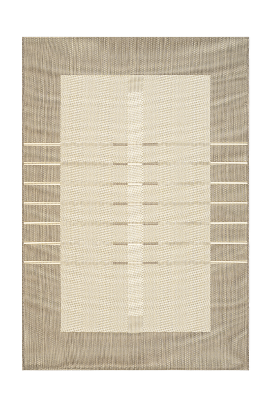 Rectangular rug with a beige center and brown border on a white background