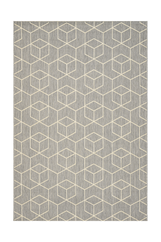 Geometric patterned rug with a gray and beige color scheme on a white background