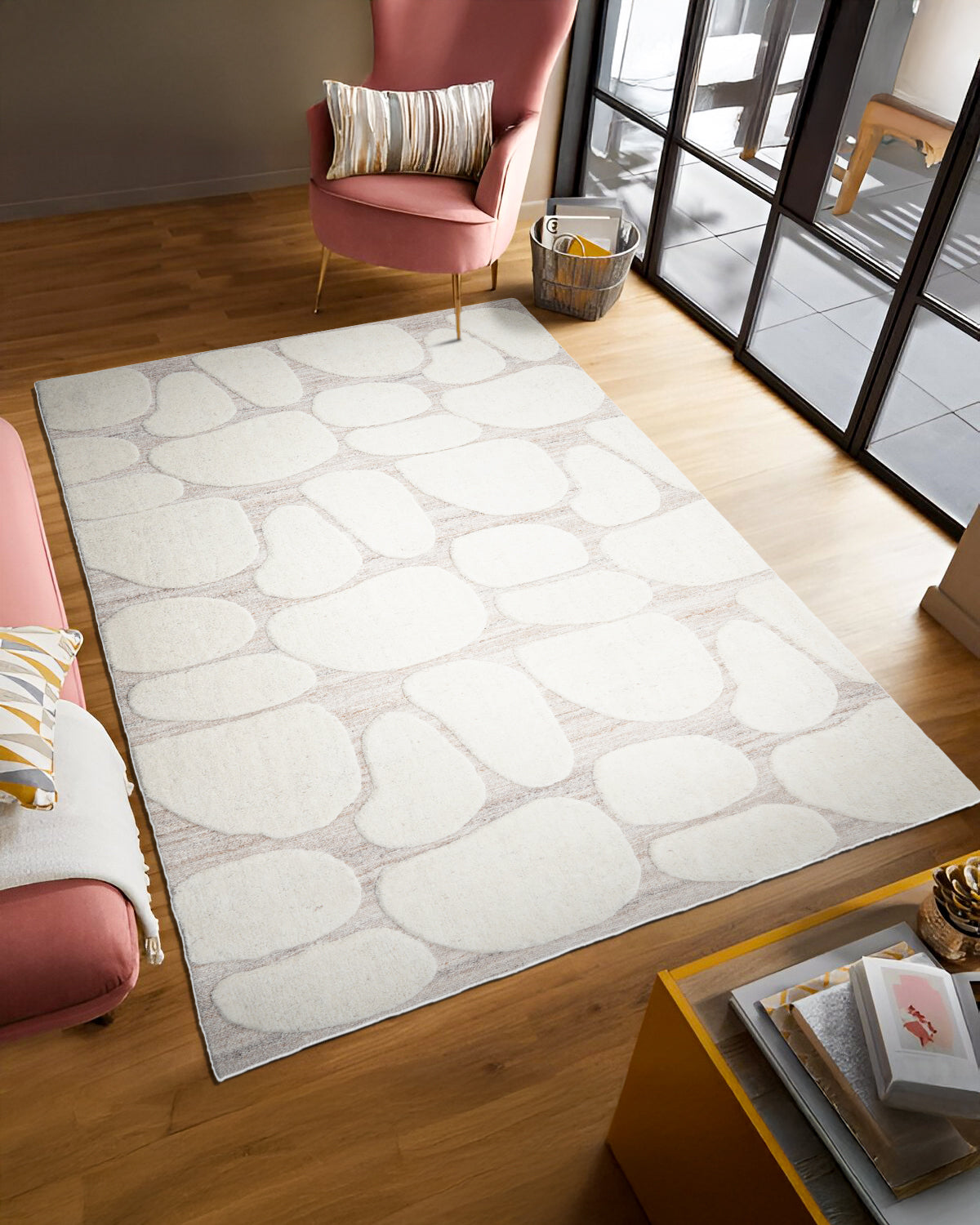 Mahe Sand Castle rug styled in a living room