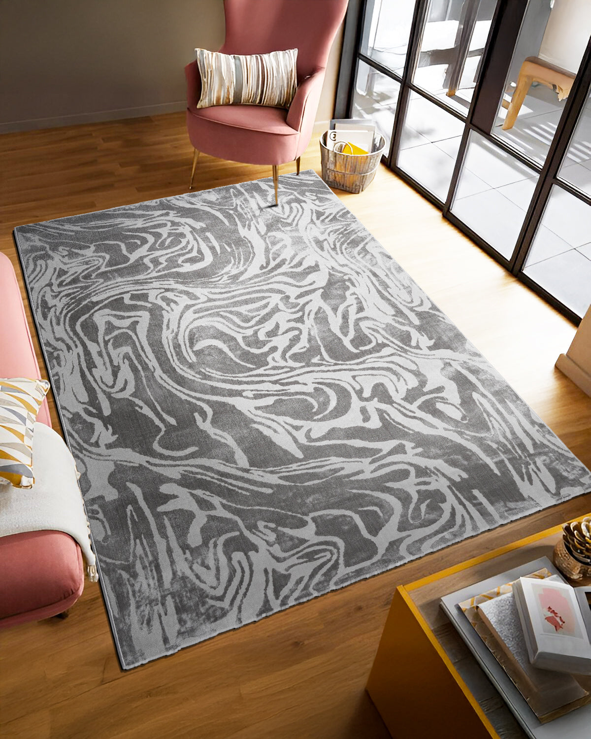 Merapi Fog rug styled in a living room