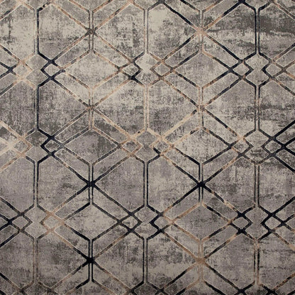 A close-up of a textured geometric pattern featuring a distressed diamond lattice design in shades of gray, beige, and black.
