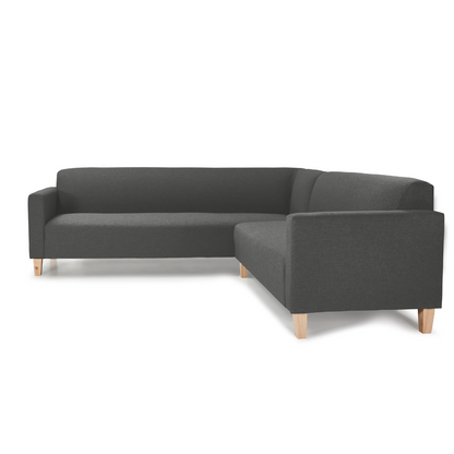 New York L-Shaped Corner Couch with wooden legs and fixed seating, customizable in various fabrics.